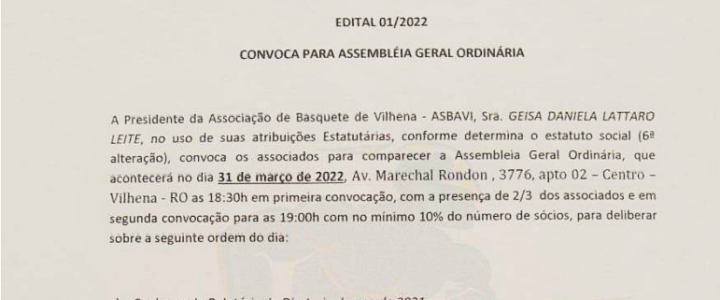 Edital para Assembléia Geral Ordinária – Março-2022